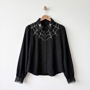 Romwe Womens Black Spider Web Embroidered Goth Button Up Shirt Lace Cuff Medium